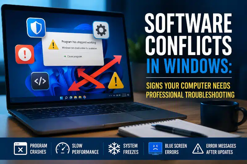Laptop displaying software conflict warning messages and Windows error alerts, illustrating common signs of software conflicts such as program crashes, slow performance, system freezes, blue screen errors, and update-related issues.