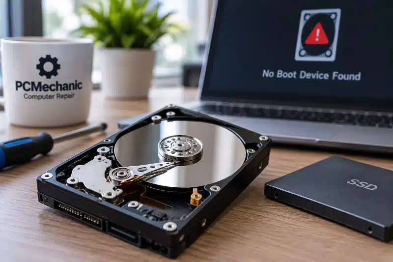 Signs of hard drive failure with an open HDD, SSD, and no boot device warning
