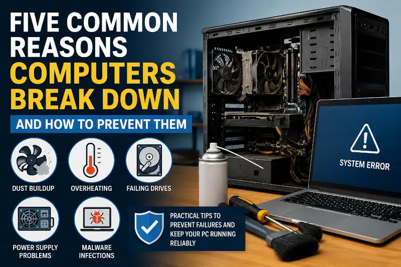 Five common reasons computers break down including overheating, dust buildup, hard drive failure, power supply issues, and malware infections.