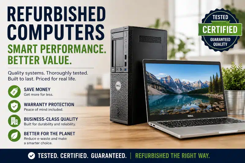 Refurbished computers with warranty protection and business-class reliability offering affordable performance for home, school, and business users.