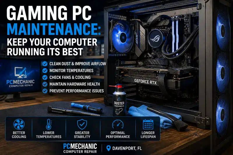 Gaming PC maintenance for cooling, airflow, temperatures, and hardware health in Davenport FL