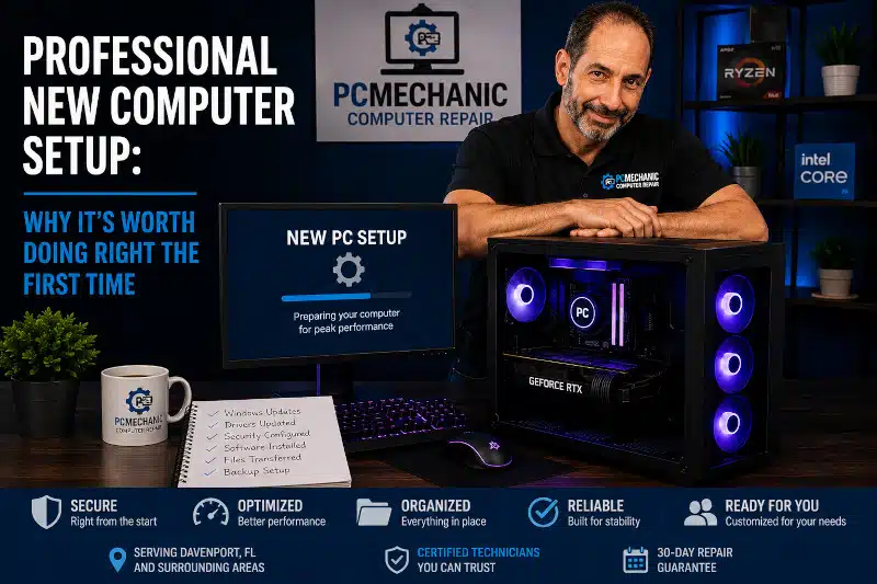 Technician professionally configuring a new Windows desktop computer in Davenport, FL before delivery to a customer.