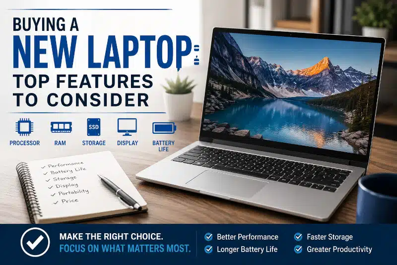 Modern laptop buying guide featured image showing a sleek laptop on a desk with icons representing processor, RAM, SSD storage, display, and battery life considerations
