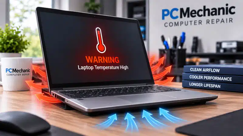 Overheating laptop showing a high-temperature warning with airflow for cooling