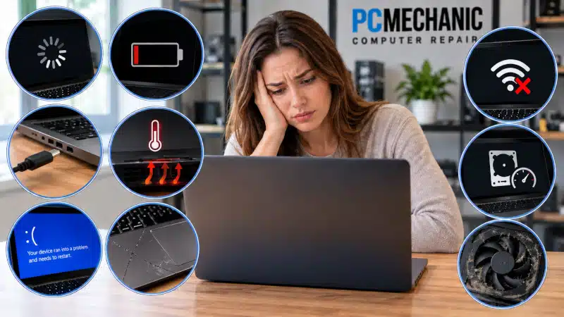 Common laptop problems including slow performance, charging issues, overheating, battery problems, crashes, and cooling fan issues