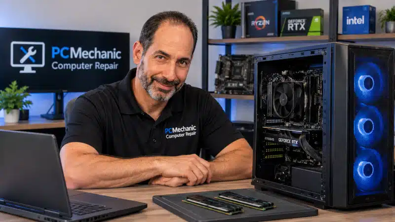 PCMechanic computer repair technician in Davenport FL diagnosing and repairing a desktop computer