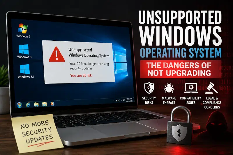 Unsupported Windows operating system warning displayed on a laptop screen highlighting security risks, malware threats, and software compatibility issues.