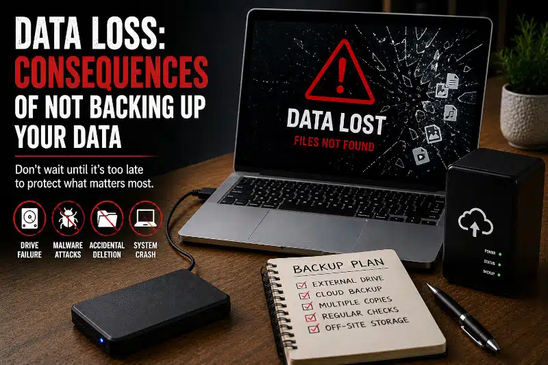 Data loss warning showing drive failure, malware, accidental deletion, and system crash risks