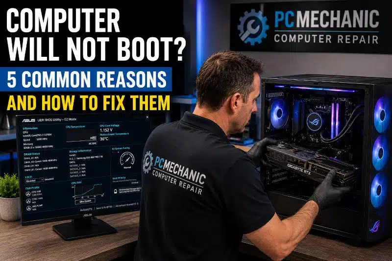 Technician diagnosing a desktop computer that will not boot at PCMechanic Computer Repair in Davenport,