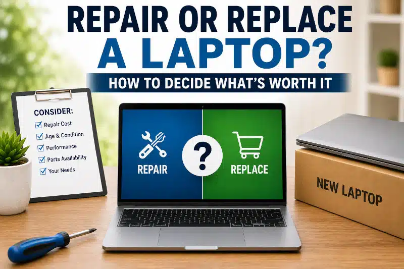 Repair or replace a laptop comparison showing repair cost, condition, performance, parts availability, and replacement options