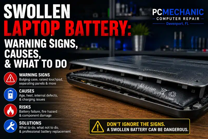 Swollen laptop battery showing case separation and warning signs of battery swelling