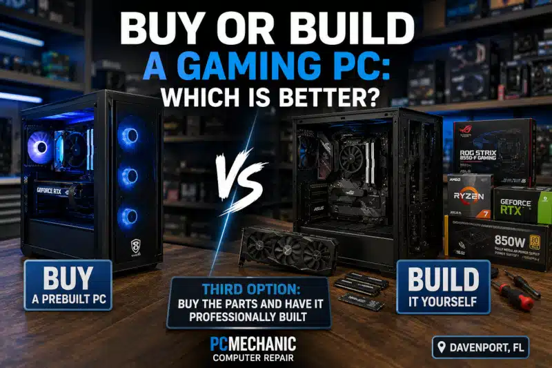 Buy or build a gaming PC comparison showing a prebuilt PC, custom build, and professional assembly option