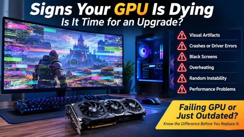 Gaming PC showing visual artifacts and common signs of a failing GPU, including crashes, black screens, overheating, and instability