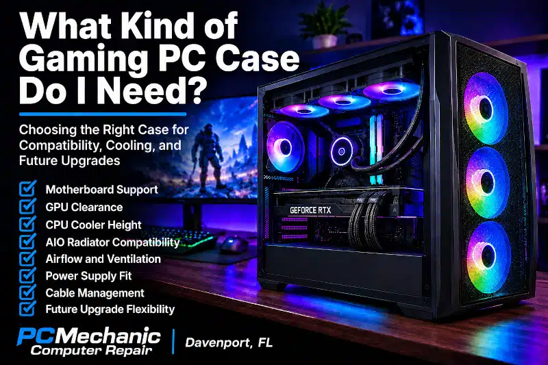 Gaming PC case showing motherboard compatibility, GPU clearance, AIO cooling, airflow, and upgrade considerations