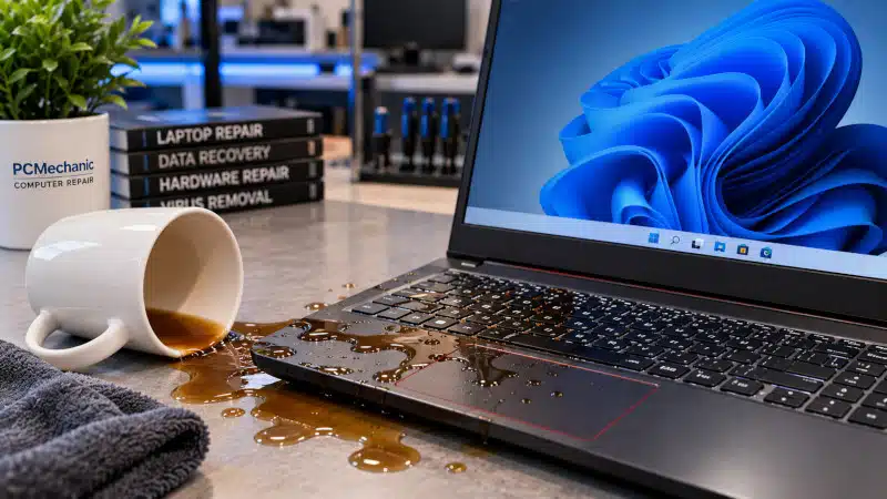 Spilled liquid on a laptop keyboard showing coffee across the keyboard and touchpad