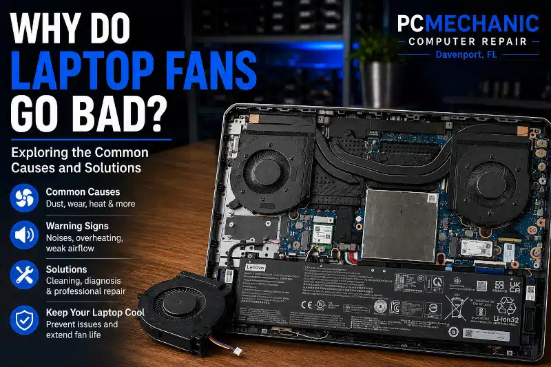 Laptop cooling fans showing common causes and warning signs of laptop fan failure