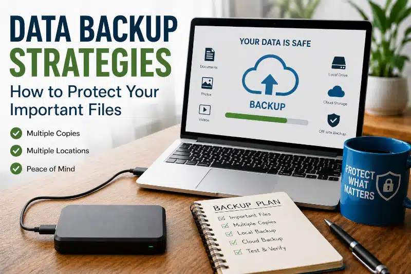 Data backup strategies using an external drive and cloud storage to protect important files