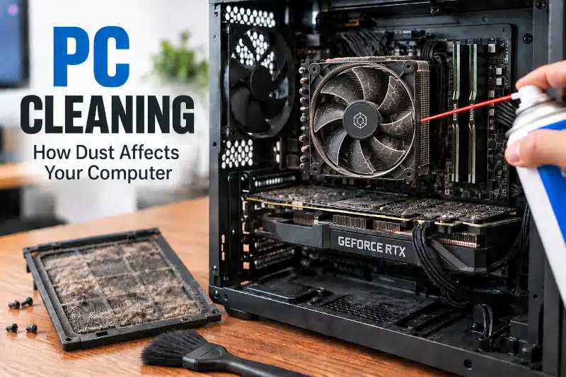 PC cleaning with compressed air to remove dust from a desktop computer CPU cooler
