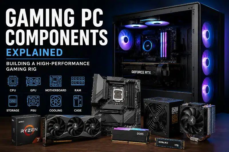 Gaming PC components displayed beside a custom RGB gaming computer, including the CPU, GPU, motherboard, RAM, SSD, power supply, and cooling system used in a high-performance gaming PC build.