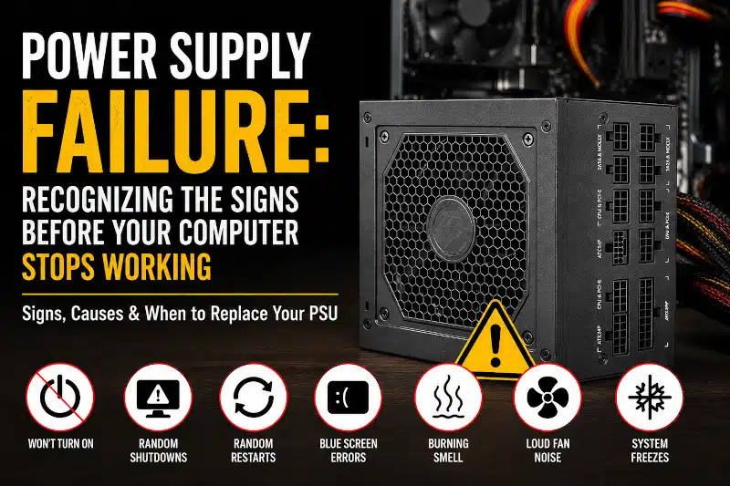 Power supply failure warning signs showing a damaged computer PSU with symptoms including random shutdowns, startup failures, blue screen errors, and system freezes.