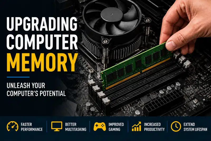 Hand installing a RAM memory module into a desktop motherboard during a computer memory upgrade to improve system performance and multitasking.
