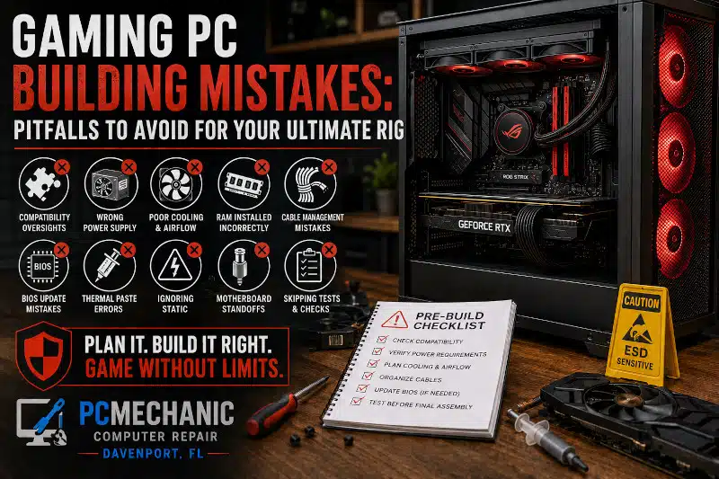 Gaming PC building mistakes involving compatibility, cooling, RAM, power supply, BIOS, and component installation