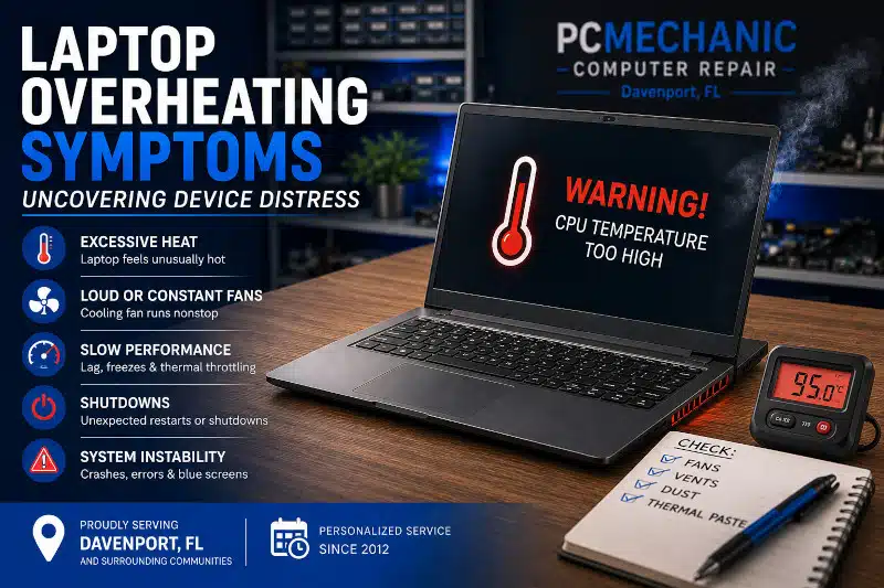 Laptop overheating symptoms including excessive heat, loud fans, slow performance, shutdowns, and high CPU temperature