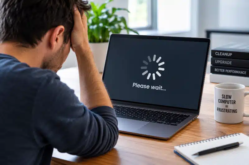 Frustrated user waiting for a super slow laptop to respond