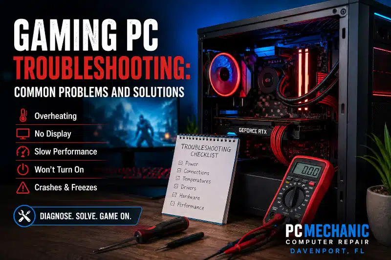Gaming PC troubleshooting for overheating, no display, slow performance, startup problems, crashes and freezes