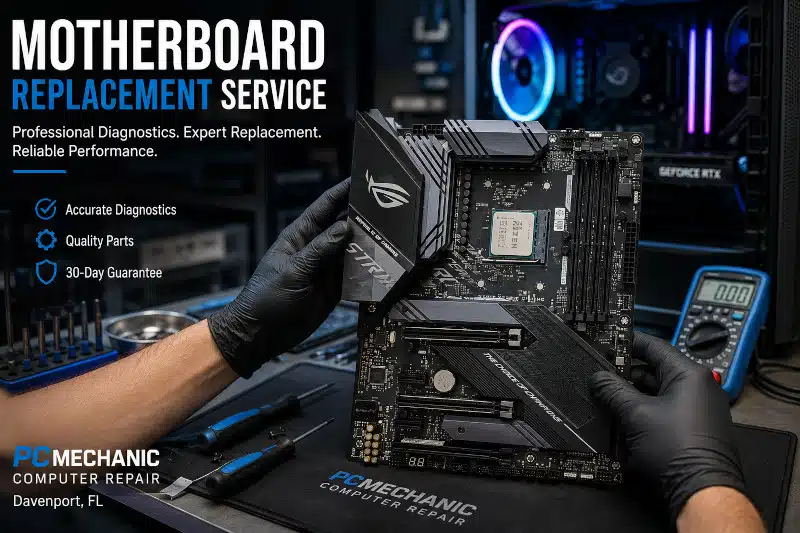 Technician holding an ASUS ROG desktop motherboard during a motherboard replacement service at PCMechanic Computer Repair in Davenport, FL.