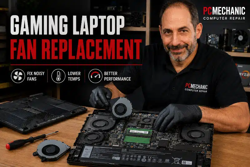 Gaming laptop fan replacement in Davenport FL showing a technician replacing a cooling fan