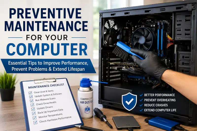 "Technician cleaning dust from the inside of a desktop computer during preventive maintenance, with a maintenance checklist, compressed air duster, and tools used to improve performance and extend computer lifespan."