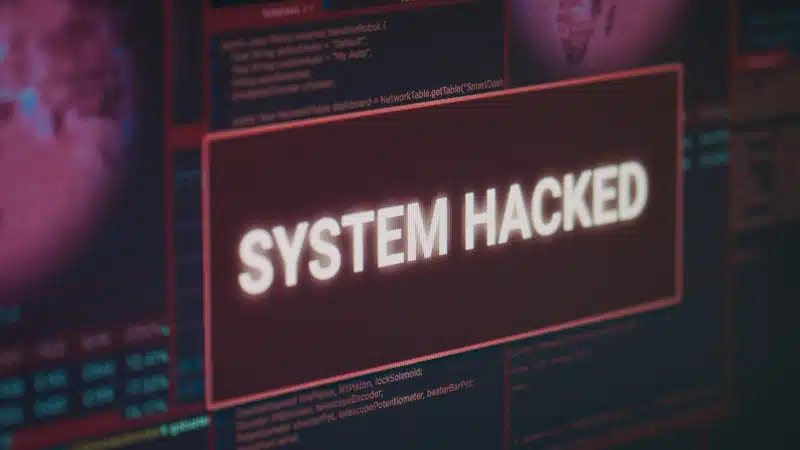 Computer monitor showing hacked system alert message flashing on screen, dealing with hacking and cybercrime attack.