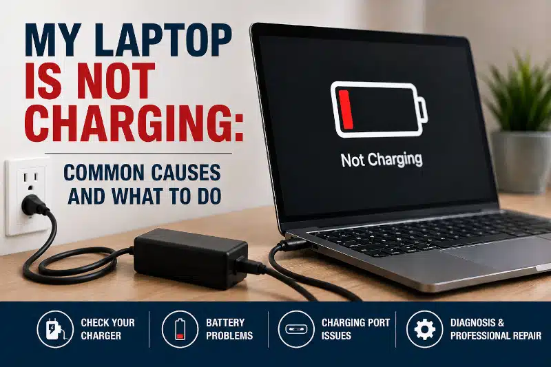 Laptop not charging with power adapter connected, showing common battery, charger, and charging port problems
