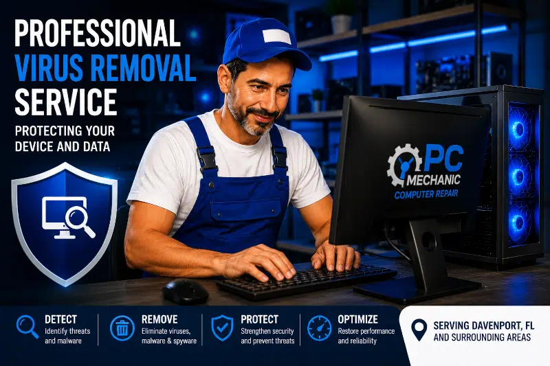 Computer virus removal service protecting computers from malware, spyware, ransomware, and other security threats in Davenport, FL.