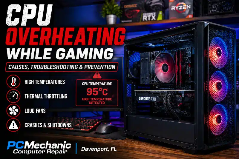 Gaming PC showing CPU overheating while gaming with high temperatures, thermal throttling, loud fans, and shutdown warnings