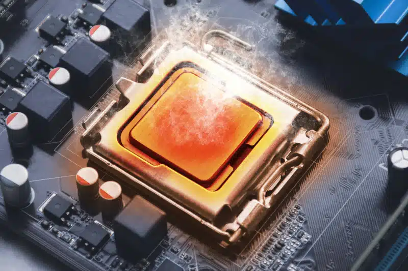 The CPU processor chip overheats and burns in the socket on the computer motherboard