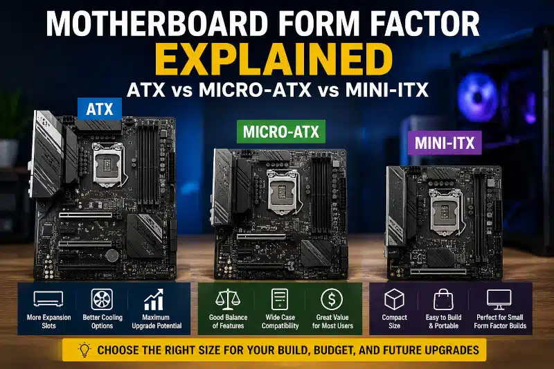 Comparison of ATX, Micro-ATX, and Mini-ITX motherboard form factors showing differences in size, expansion slots, cooling options, and upgrade potential for PC builds.