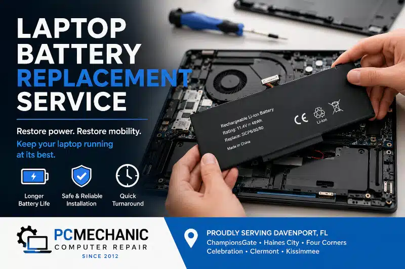 Professional laptop battery replacement service in Davenport, FL with a technician replacing an internal laptop battery to restore charging and battery performance.