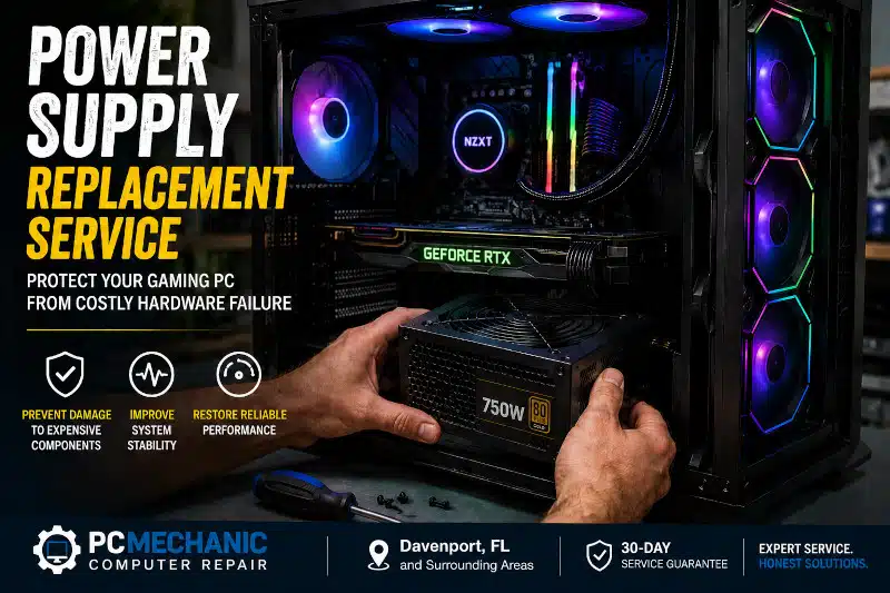 Technician replacing a desktop computer power supply during a professional repair in Davenport, FL.