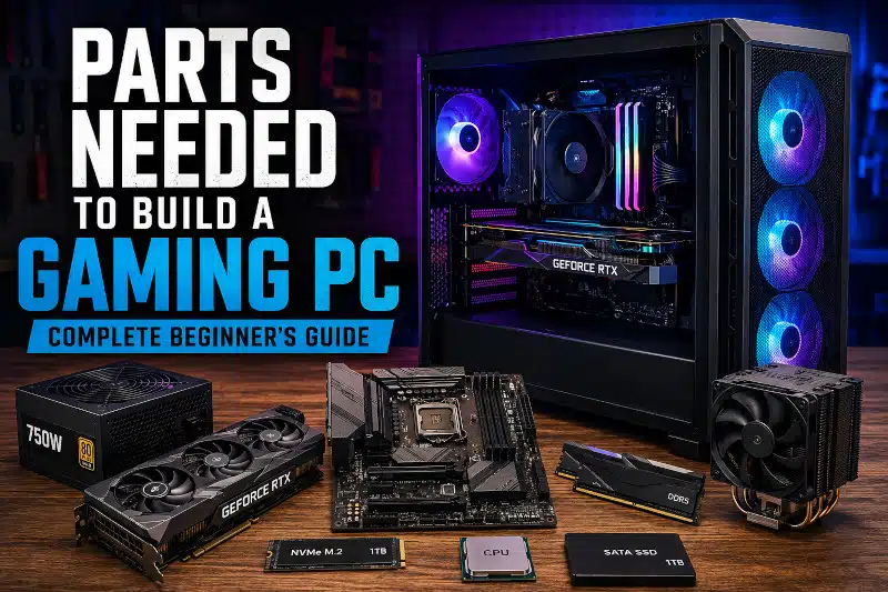 Gaming PC build guide showing essential components including a graphics card, motherboard, CPU, RAM, NVMe SSD, power supply, CPU cooler, and a completed RGB gaming computer on a workbench.