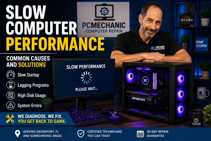 Slow computer performance repair service in Davenport FL with technician diagnosing a lagging desktop PC