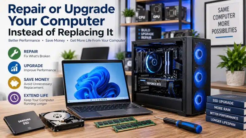 Desktop and laptop computer with SSD and RAM upgrade components