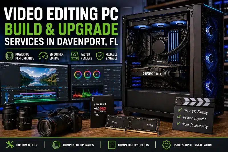 Video Editing PC build and upgrade services in Davenport FL with custom workstation, 360mm AIO cooling, GPU, RAM, and editing monitors