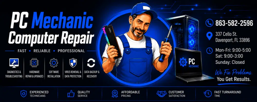 PCMechanic Computer Repair technician banner featuring computer diagnostics, hardware upgrades, virus removal, data recovery, and repair services in Davenport, Florida.