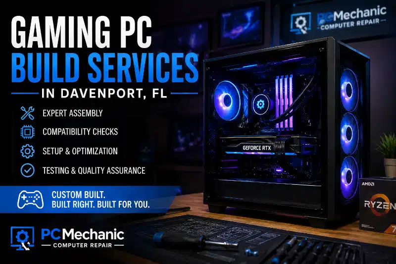 Custom gaming PC build service in Davenport, FL featuring a professionally assembled RGB gaming computer with liquid cooling, four memory modules, expert setup, compatibility checks, and system testing by PCMechanic Computer Repair.