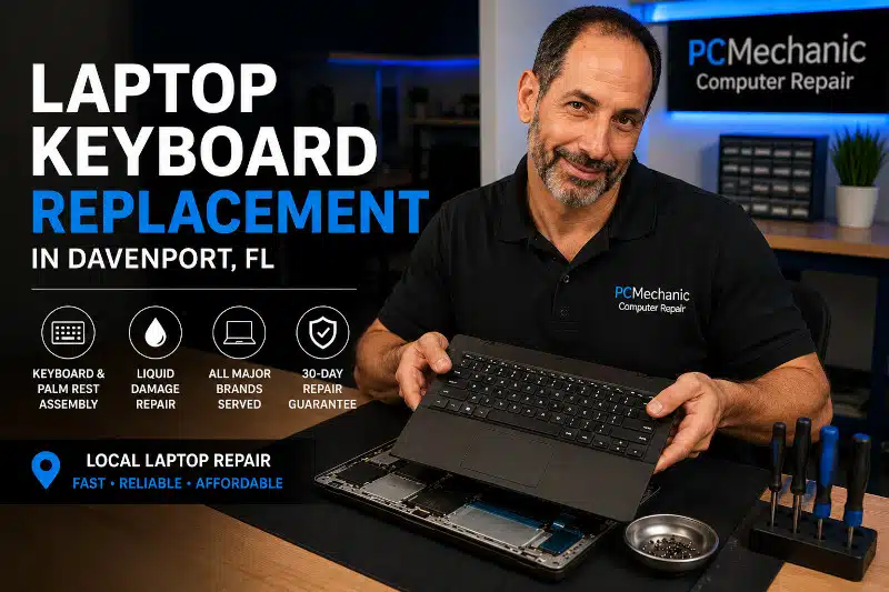 Technician holding a replacement laptop keyboard assembly during a laptop keyboard replacement service in Davenport, FL