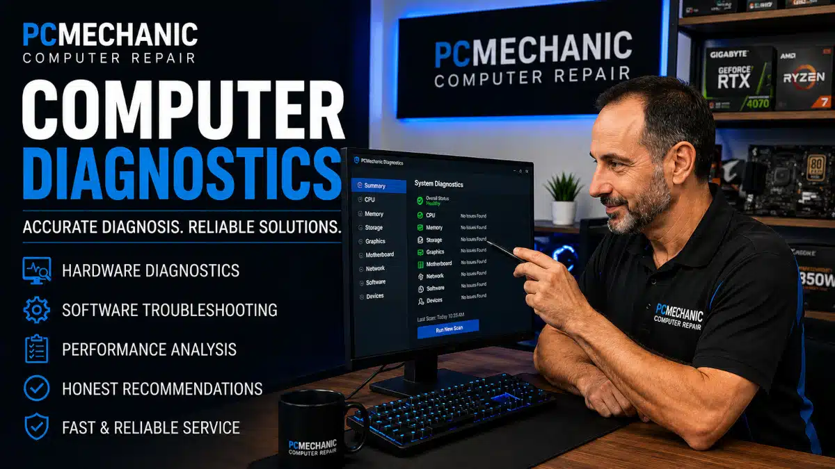 PCMechanic Computer Repair technician performing professional computer diagnostics to identify hardware and software problems in Davenport, FL.
