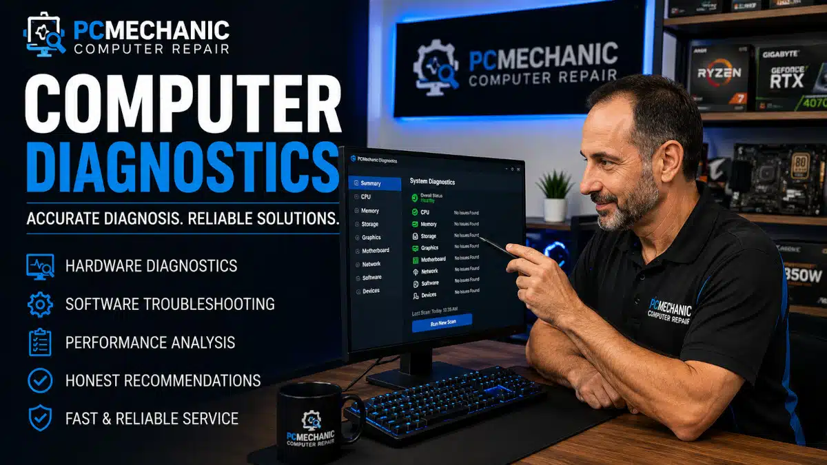 PCMechanic Computer Repair technician performing professional computer diagnostics to identify hardware and software problems in Davenport, FL.