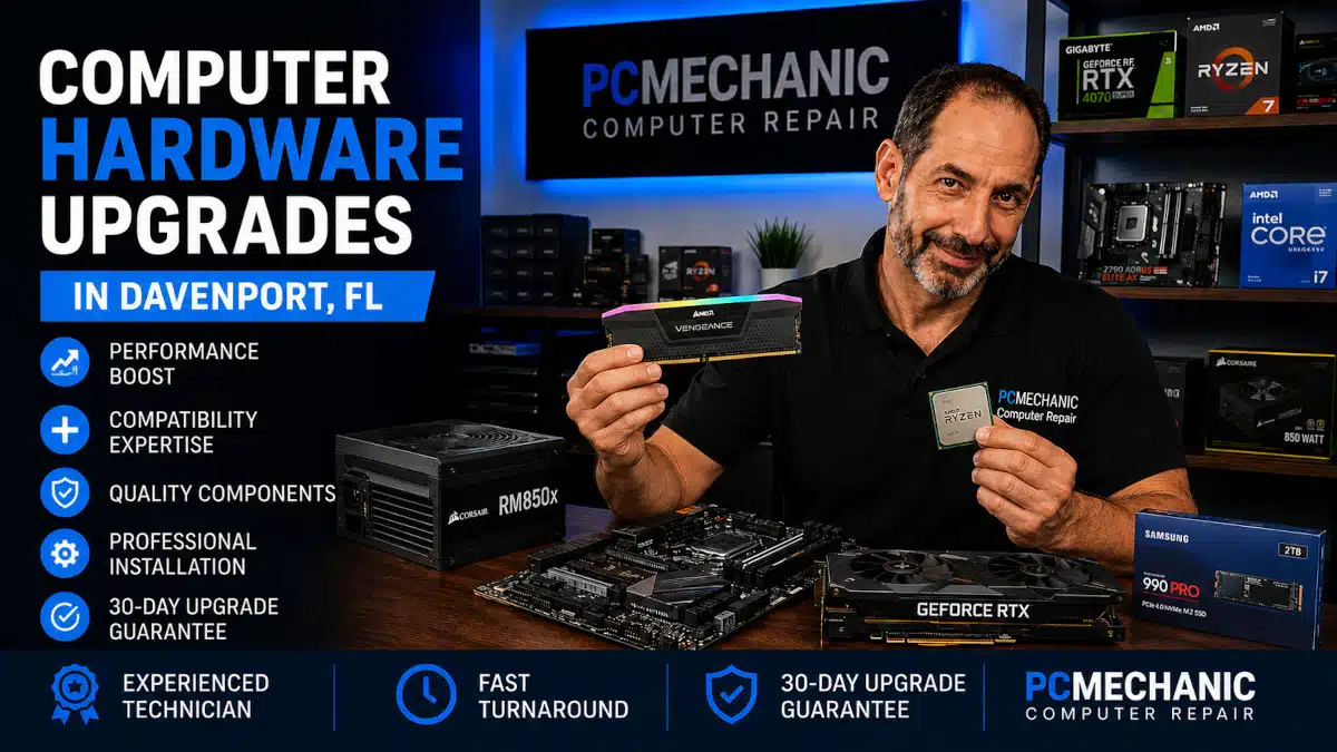PCMechanic Computer Repair technician holding a Corsair RGB memory module and an AMD Ryzen processor while showcasing professional computer hardware upgrade services in Davenport, FL.